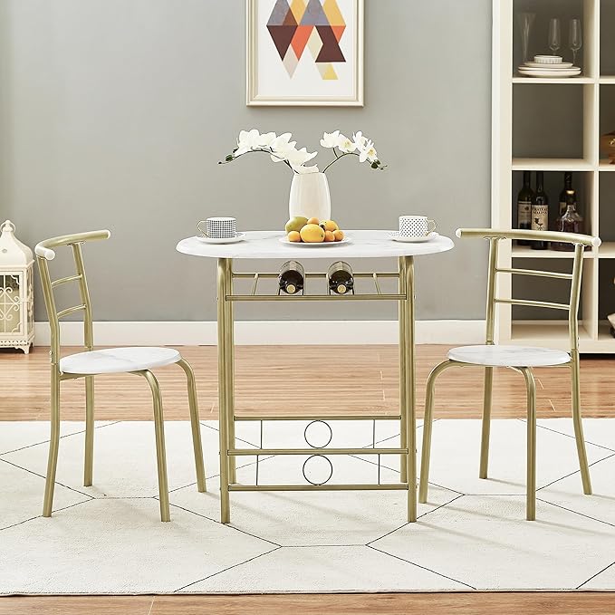 VECELO 3-Piece Dining Table Set for Kitchen Breakfast Nook, Wood Grain Oval Tabletop and Metal Frame with Built-in Wine Rack, for Small Spaces, 31.5", White & Gold - LeafyLoom