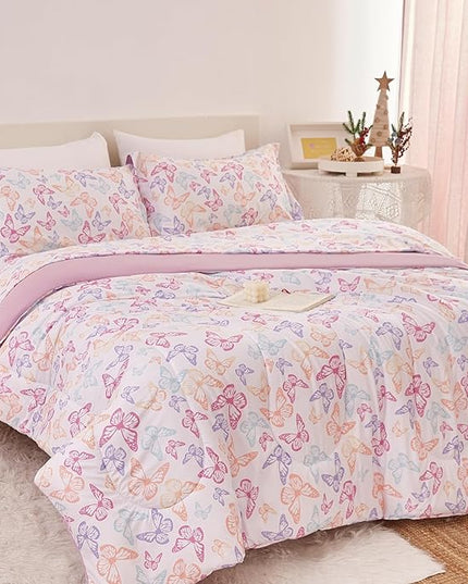 Butterfly Kids Comforter Set for Girls Twin, Cute Reversible Quilted Lavender Printed Bedding Set with Pillow Sham, Lightweight Soft Breathable Machine Washable Bed Set 2 Piece - LeafyLoom