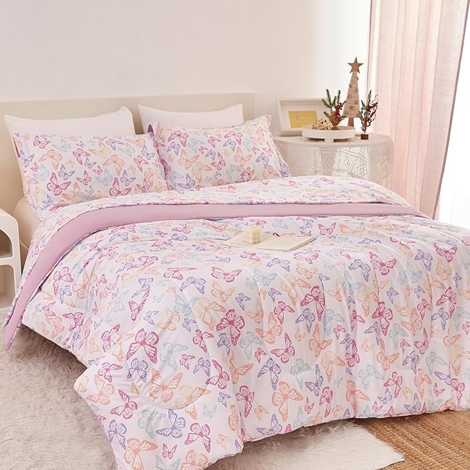 Butterfly Kids Comforter Set for Girls Twin, Cute Reversible Quilted Lavender Printed Bedding Set with Pillow Sham, Lightweight Soft Breathable Machine Washable Bed Set 2 Piece - LeafyLoom