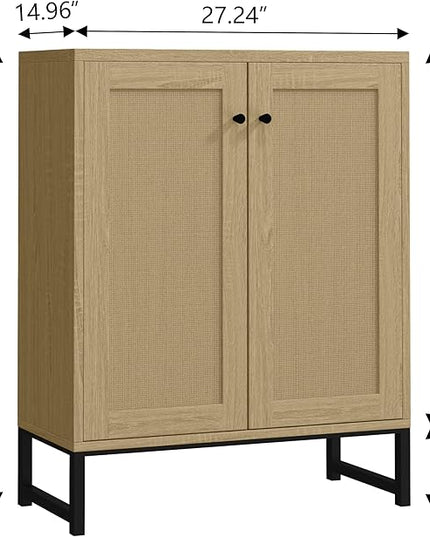 Panana Rattan Decorated 2 Doors Storage Cabinet Accent Cabinet Living Room Cupboard Kitchen Sideboard Buffet Table (Natural) - LeafyLoom