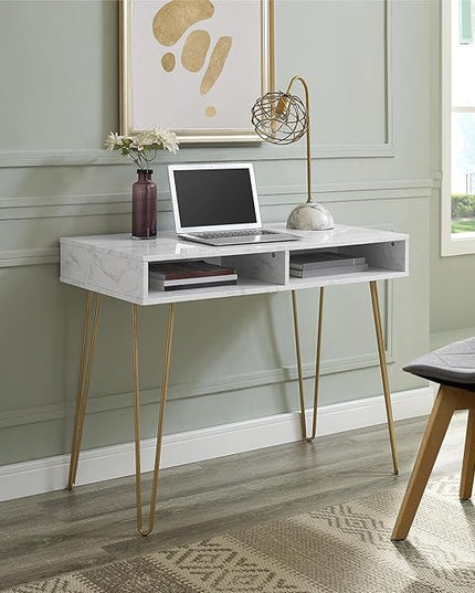 Novogratz Athena Computer Desk with Storage, White Marble - LeafyLoom