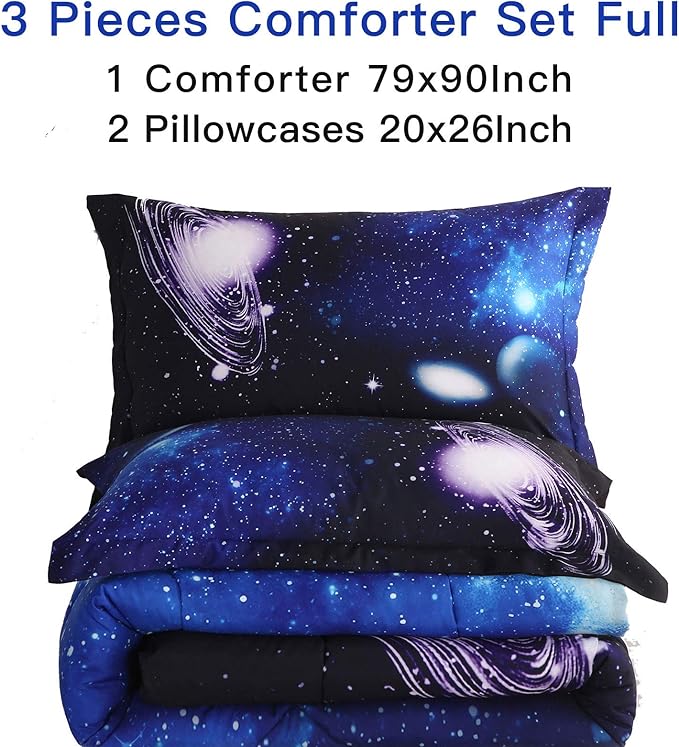 Litanika 3D Galaxy Comforter Full(79x90lnch), 3 Pieces(1 Galaxy Comforter, 2 Pillowcases) Universe Outer Space Bedding Set, Microfiber Comforter Set for Kid Boy Girl Teen - LeafyLoom