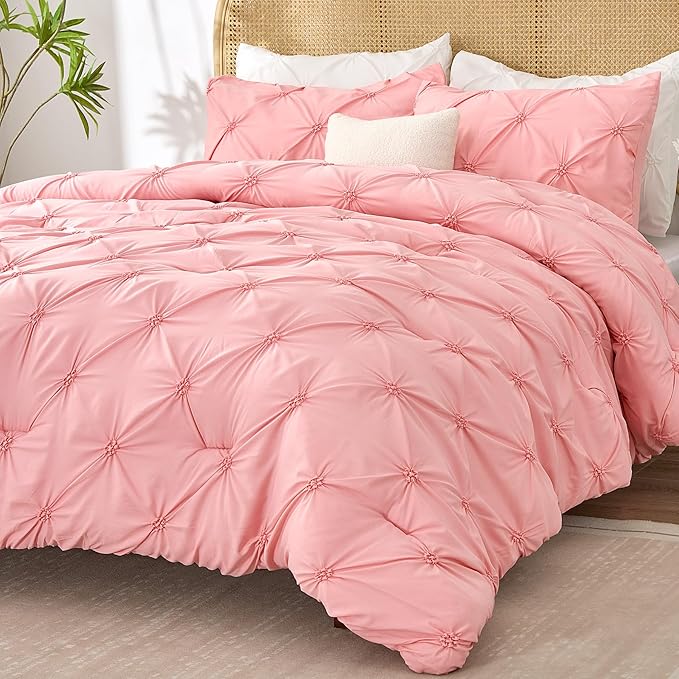 BEDELITE Pink Twin Comforter Set for Girls - 2 Peices Boho Pintuck Bedding Comforter Sets, Lightweight Soft & Warm Twin Bedding Sets with 1 Pillowcase for All Season - LeafyLoom