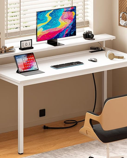 Need 60 inch Computer Desk with LED Lights & Power Outlets, Large Home Desk with Monitor Shelf, Writing Table Gaming Desk Home Office Desk, White - LeafyLoom