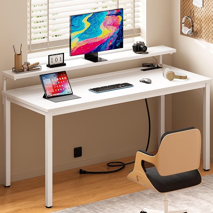 Need 60 inch Computer Desk with LED Lights & Power Outlets, Large Home Desk with Monitor Shelf, Writing Table Gaming Desk Home Office Desk, White - LeafyLoom
