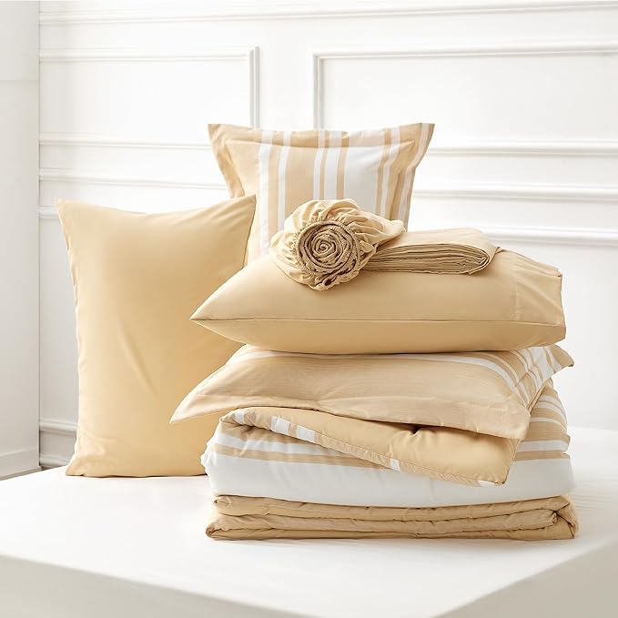 Bedsure Bed in a Bag Twin Size 5-Piece Yellow White Striped Bedding Comforter Sets All Season Bed Set with 1 Pillow Sham, Flat Sheet, Fitted Sheet and 1 Pillowcase - LeafyLoom