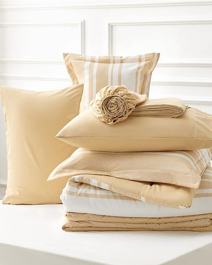Bedsure Bed in a Bag Queen Size 7-Piece Yellow White Striped Bedding Comforter Sets All Season Bed Set, 2 Pillow Shams, Flat Sheet, Fitted Sheet and 2 Pillowcases - LeafyLoom