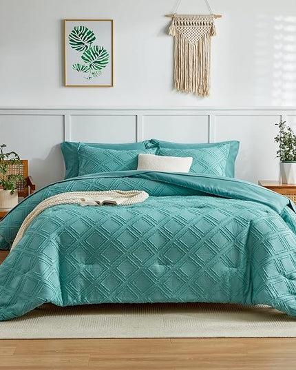 6 Pieces Tufted Bed in a Bag Twin Comforter Set with Sheets Green, Soft and Embroidery Shabby Chic Boho Bohemian Design, Luxury Solid Color with Diamond Pattern, Jacquard Tufts Bedding Set for Kids - LeafyLoom