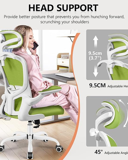 FelixKing Office Chair with Headrest, Ergonomic Desk Chair with Wheels, Task Swivel Comfy Chair with Adjustable Lumbar Support, Breathable Mesh Computer Chair with flip-up Armrests (Green) - LeafyLoom