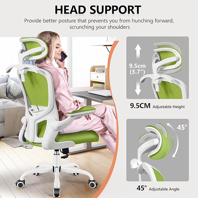 FelixKing Office Chair with Headrest, Ergonomic Desk Chair with Wheels, Task Swivel Comfy Chair with Adjustable Lumbar Support, Breathable Mesh Computer Chair with flip-up Armrests (Green) - LeafyLoom