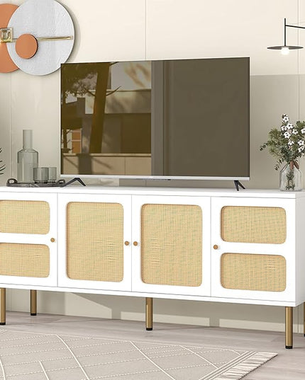 Merax Boho TV Stand with Rattan Door, Woven Media Console Table for Television Up to 70”, Country Style Design Side Board with Gold Metal Base for Living Room, 64.9" length, White - LeafyLoom