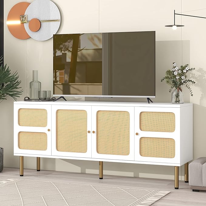 Merax Boho TV Stand with Rattan Door, Woven Media Console Table for Television Up to 70”, Country Style Design Side Board with Gold Metal Base for Living Room, 64.9" length, White - LeafyLoom