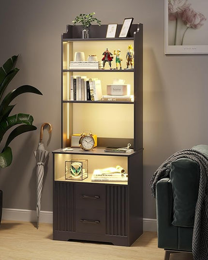 Vlsrka Tall Nightstand with Charging Station, 54" Smart Nightstand with LED Lights, Modern Night Stand with Bookshelf, Bedside Tables with Storage Cabinet for Bedroom, Grey - LeafyLoom