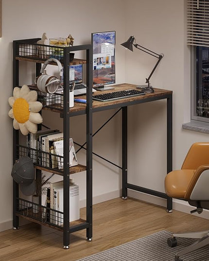 4NM 35" Small Computer Desk with 4-Tier Bookshelf and 8 Hooks, Home Office Desk Writing Workstation Study Table for Small Space Work - Rustic Brown and Black - LeafyLoom