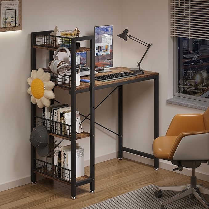 4NM 35" Small Computer Desk with 4-Tier Bookshelf and 8 Hooks, Home Office Desk Writing Workstation Study Table for Small Space Work - Rustic Brown and Black - LeafyLoom
