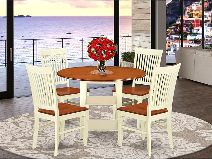 East West Furniture SUWE5-BMK-W 5 Piece Set for 4 Includes a Round Table with Dropleaf & Shelves and 4 Kitchen Dining Chairs, 42x42 Inch, Buttermilk & Cherry - LeafyLoom