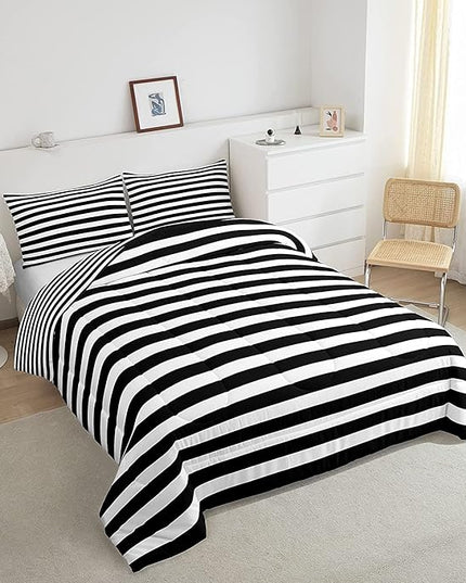 Striped Comforter Set Black and White Stripe Bedding Set King Kids Boys Girls Women Men Farmhouse Ticking Stripes Duvet Set Modern Geometric Lines Adults Abstract Gothic Home Decor Soft Reversible - LeafyLoom