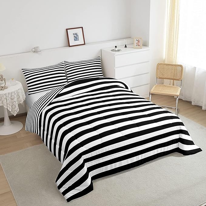 Striped Comforter Set Black and White Stripe Bedding Set King Kids Boys Girls Women Men Farmhouse Ticking Stripes Duvet Set Modern Geometric Lines Adults Abstract Gothic Home Decor Soft Reversible - LeafyLoom