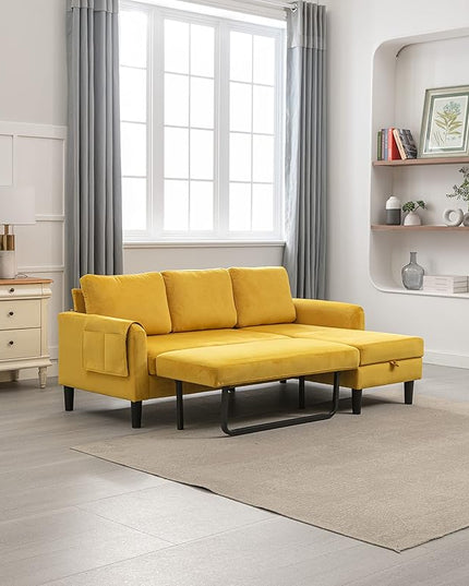 72.44" L-Shaped Reversible Sectional Sofa w/Pull Out Bed & Storage Chaise Lounge,Interior Furniture Comfy Sleeper Corner Couch with 3 Throw Pillows and Pockets,for Dorm,Apartment,Yellow - LeafyLoom