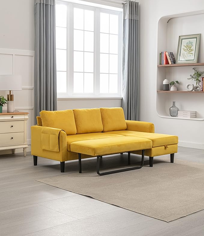 72.44" L-Shaped Reversible Sectional Sofa w/Pull Out Bed & Storage Chaise Lounge,Interior Furniture Comfy Sleeper Corner Couch with 3 Throw Pillows and Pockets,for Dorm,Apartment,Yellow - LeafyLoom