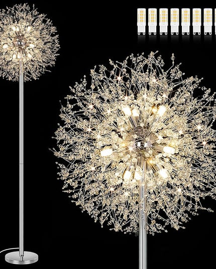 BesLowe 69'' Crystal Floor Lamp for Living Room, Modern Standing Lamp with 738PCS K9 Crystals, Tall Lamp Pole Light for Bedroom Office, Mid Century Silver Floor Lighting with 9 LED Bulbs, Chrome - LeafyLoom