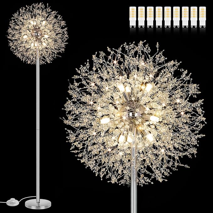 BesLowe 69'' Crystal Floor Lamp for Living Room, Modern Standing Lamp with 738PCS K9 Crystals, Tall Lamp Pole Light for Bedroom Office, Mid Century Silver Floor Lighting with 9 LED Bulbs, Chrome - LeafyLoom