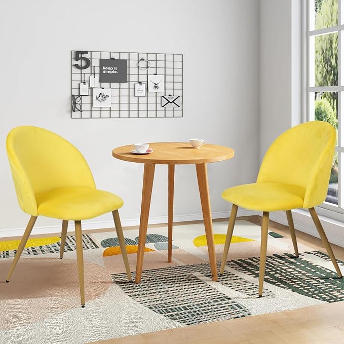 FurnitureR Upholstered Velvet Dining Chair Mid Back Armless with Wood Legs for Home Kitchen Bedroom Living Room, Set of 2, Yellow - LeafyLoom