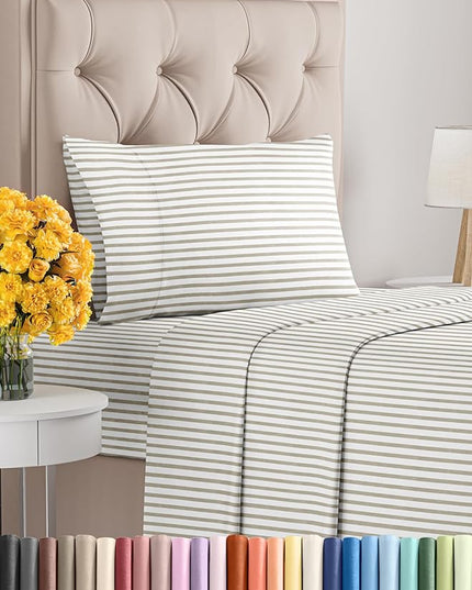 Twin Size 3 Piece Sheet Set - Comfy Breathable & Cooling Sheets - Hotel Luxury Bed Sheets for Women & Men - Deep Pockets, Easy-Fit, Soft & Wrinkle Free Sheets - Beige Stripes Oeko-Tex Bed Sheet Set - LeafyLoom
