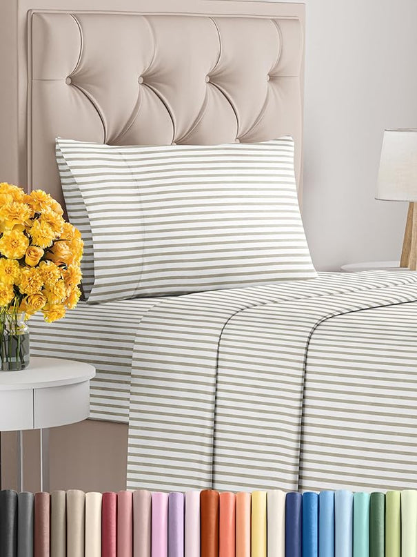 Twin Size 3 Piece Sheet Set - Comfy Breathable & Cooling Sheets - Hotel Luxury Bed Sheets for Women & Men - Deep Pockets, Easy-Fit, Soft & Wrinkle Free Sheets - Beige Stripes Oeko-Tex Bed Sheet Set - LeafyLoom