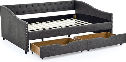 Full Size Daybed with 2 Drawers, Upholstered Tufted Day Bed, with Button Back and Waved Shape Arms, Wood Slat Support, No Spring Box Need, for Bedroom, Livingroom - LeafyLoom