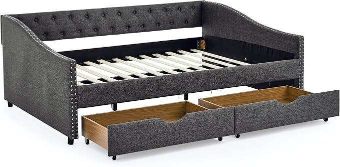 Full Size Daybed with 2 Drawers, Upholstered Tufted Day Bed, with Button Back and Waved Shape Arms, Wood Slat Support, No Spring Box Need, for Bedroom, Livingroom - LeafyLoom