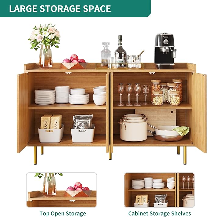 YITAHOME Sideboard Buffet Cabinet, Modern Kitchen Storage Cabinets, Freestanding Coffee Bar Table, Large Buffet Cabinet with Cabinet with Carved Design Doors for Living Room, Dining Room, Natural - LeafyLoom