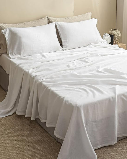 Simple&Opulence 100% Linen Sheet Set Solid Color-4 Pcs Washed French Linen Bed Sheets(1 Flat Sheet,1 Fitted Sheet,2 Pillowcases)-Breathable Bedding Set (White, Queen) - LeafyLoom