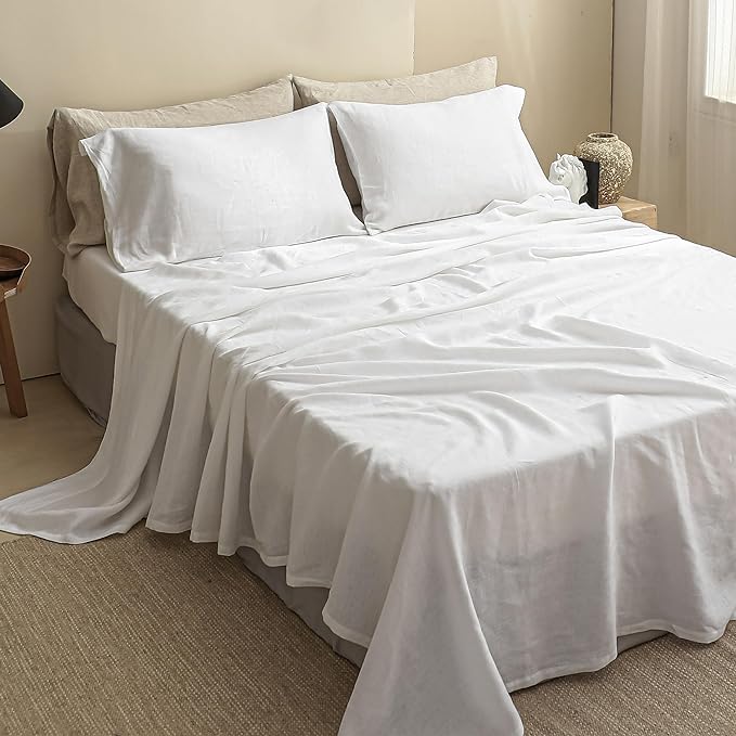 Simple&Opulence 100% Linen Sheet Set Solid Color-4 Pcs Washed French Linen Bed Sheets(1 Flat Sheet,1 Fitted Sheet,2 Pillowcases)-Breathable Bedding Set (White, Queen) - LeafyLoom