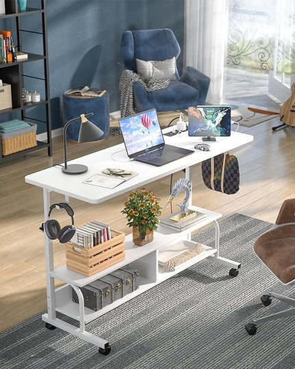 Height Adjustable Standing Desk with Power Outlets, 47" Manual Stand Up Desk with Storage Shelves Small Mobile Rolling Computer Desk Portable Laptop Table with Wheels for Home Office, White - LeafyLoom