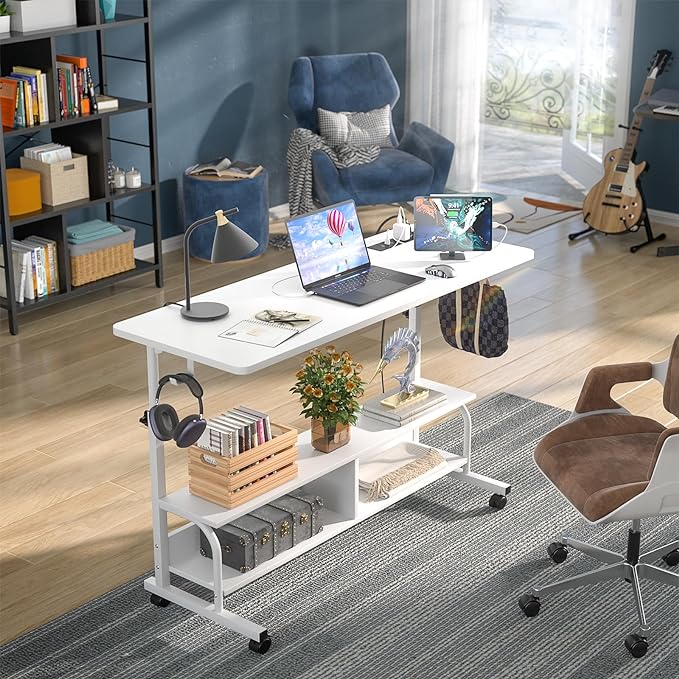 Height Adjustable Standing Desk with Power Outlets, 47" Manual Stand Up Desk with Storage Shelves Small Mobile Rolling Computer Desk Portable Laptop Table with Wheels for Home Office, White - LeafyLoom