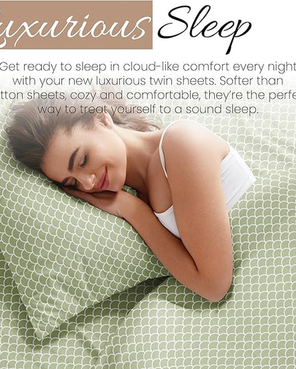 3 Piece Twin Bedding Sheet Set (Sage Scallops) - Sleep Better Than Ever with These Ultra-Soft & Cooling Bed Sheets for Your Twin Size Bed - Deep Pocket Fits 16" Mattress - LeafyLoom