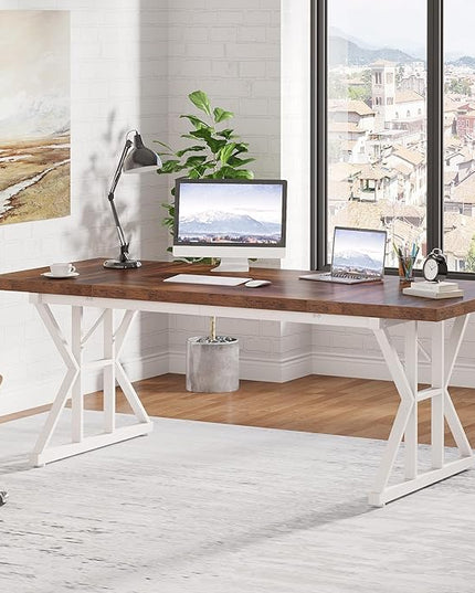 Tribesigns 70.8-Inch Executive Desk, Large Computer Office Desk Workstation, Modern Simple Style Laptop Desk Study Writing Table Business Furniture for Home Office (Brown/White, 70.8 Inch) - LeafyLoom