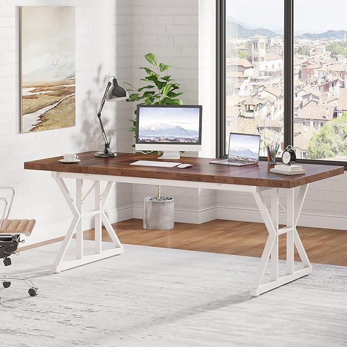 Tribesigns 70.8-Inch Executive Desk, Large Computer Office Desk Workstation, Modern Simple Style Laptop Desk Study Writing Table Business Furniture for Home Office (Brown/White, 70.8 Inch) - LeafyLoom