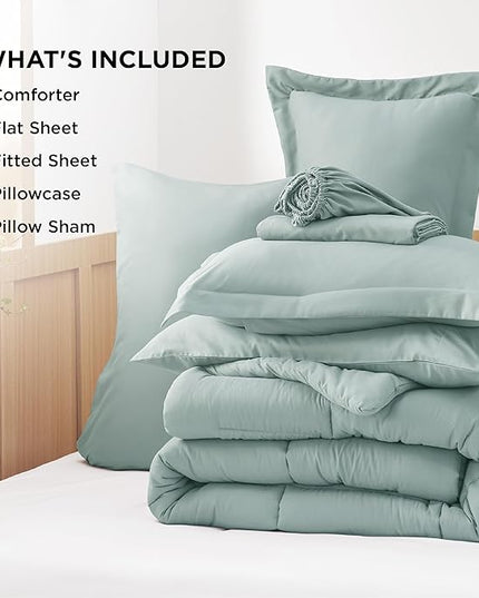 Bedsure Sage Green Twin Comforter Set - 5 Pieces Solid Twin Bed in a Bag, Twin Bed Set Sage Green with Quilted Warm Fluffy Comforters, Sheets, Pillowcase & Sham - LeafyLoom