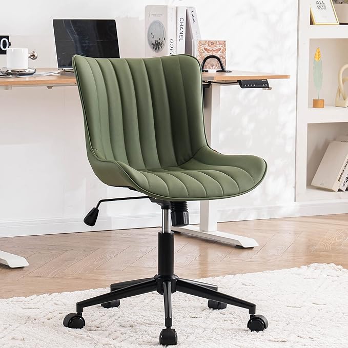 YOUNIKE Office Chair Swivel Desk Chair Upholstered Faux Leather Height Adjustable with Wheels Computer Task Chair Modern Rolling Armless with Back, Loads 300 lbs, Olive Green - LeafyLoom