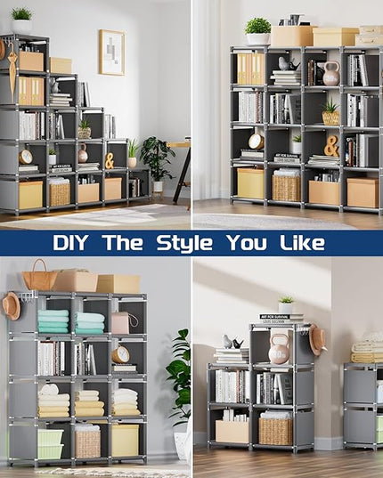 Mavivegue Book Shelf, 16 Cube Storage Organizer, DIY Bookcase, Metal Cube Bookshelf,Tall Book case for Bedroom, Living Room,Office,Closet Storage Organizer, Grey Cubicle Storage Rack - LeafyLoom