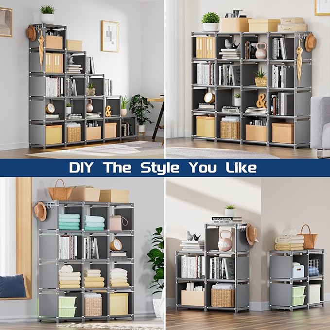 Mavivegue Book Shelf, 16 Cube Storage Organizer, DIY Bookcase, Metal Cube Bookshelf,Tall Book case for Bedroom, Living Room,Office,Closet Storage Organizer, Grey Cubicle Storage Rack - LeafyLoom