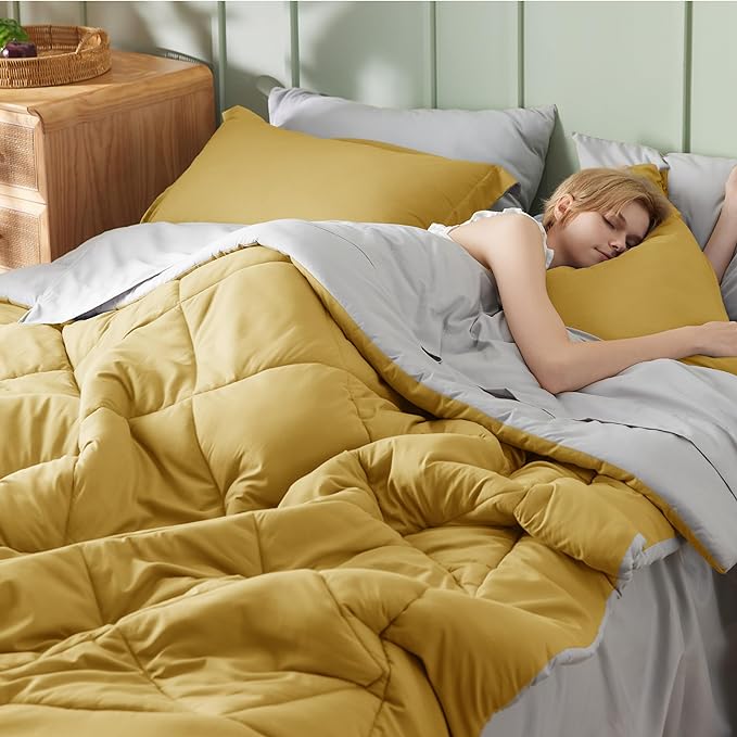 Bedsure Mustard Yellow California King Comforter Set - 7 Pieces Reversible Cal King Bed in a Bag, Cal King Mustard Yellow and Grey Bed Set with Comforters, Sheets, Pillowcases & Shams - LeafyLoom