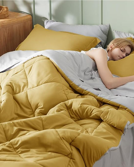 Bedsure Mustard Yellow Twin Comforter Set - 5 Pieces Reversible Twin Bed in a Bag for College, Extra Long Twin Bed Set Mustard Yellow and Grey with Comforters, Sheets, Pillowcase & Sham - LeafyLoom