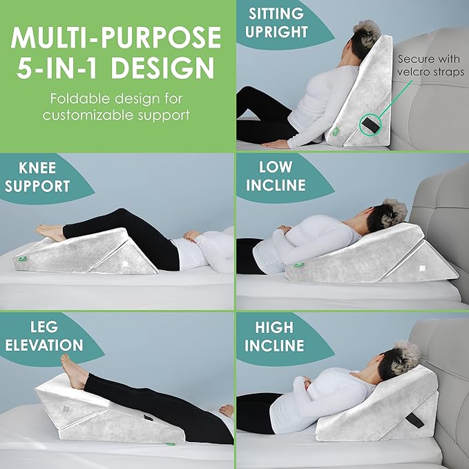 Cushy Form Wedge Pillow for Sleeping - 22 Inch Memory Foam Bed Wedge for Sleeping, Reading, Post Surgery & Leg Elevation - Triangle Pillow with Washable Cover - White - LeafyLoom