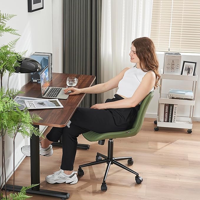 YOUNIKE Office Chair, Armless Desk Chair Computer Chair with Wheels, Modern Upholstered PU Leather Task Chair, Rolling Adjustable Swivel Home Office Desk Chair, Dark Green - LeafyLoom