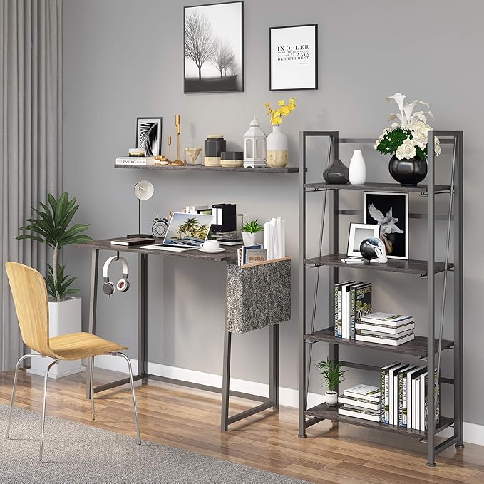 No-Assembly Folding Bookshelf Storage Shelves 4 Tiers Vintage Multifunctional Plant Flower Stand Storage Rack Shelves Bookcase for Home Office (Gray and Black-4, 4-Tier) - LeafyLoom