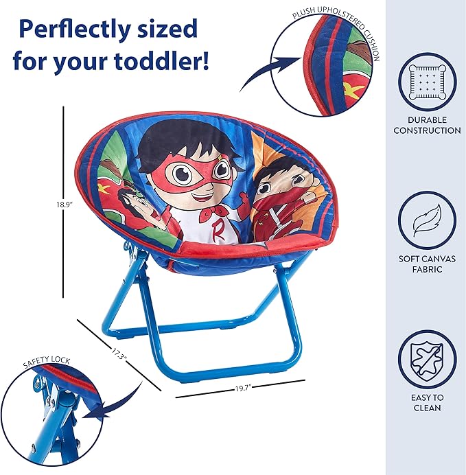 Ryan's World Toddler 19” Folding Saucer Chair with Cushion, Ages 3+ - LeafyLoom