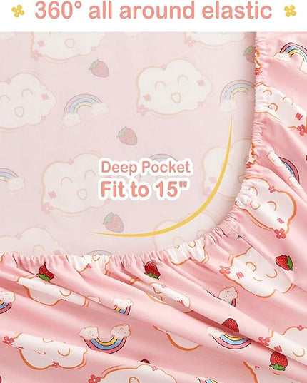 Mooreeke Bed in a Bag for Kids Girls Teens, 5 Pieces Twin Size Comforter Bed Set with Shams, Sheet Set, Rainbow Cloud Strawberry Pink Super Soft Microfiber Kids Comforter Bedding Set - LeafyLoom